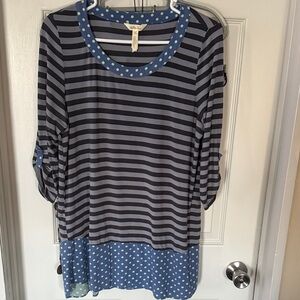 Matilda Jane Navy and Gray Striped Tunic with Blue Polka Dots Trimmings